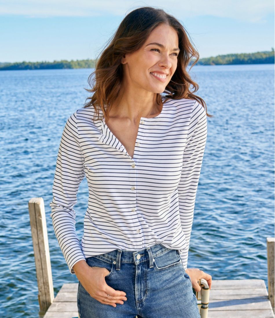 Women's Pima Cotton Tee, Long-Sleeve Crewneck Cardigan Stripe