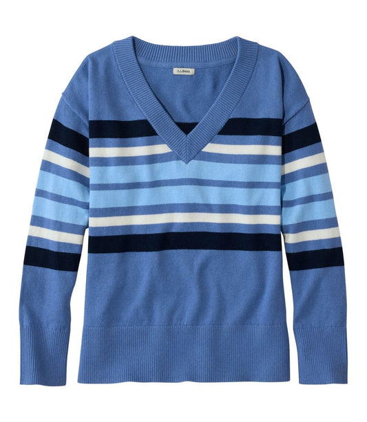 Women's Cotton/Cashmere Sweater, V-Neck Stripe