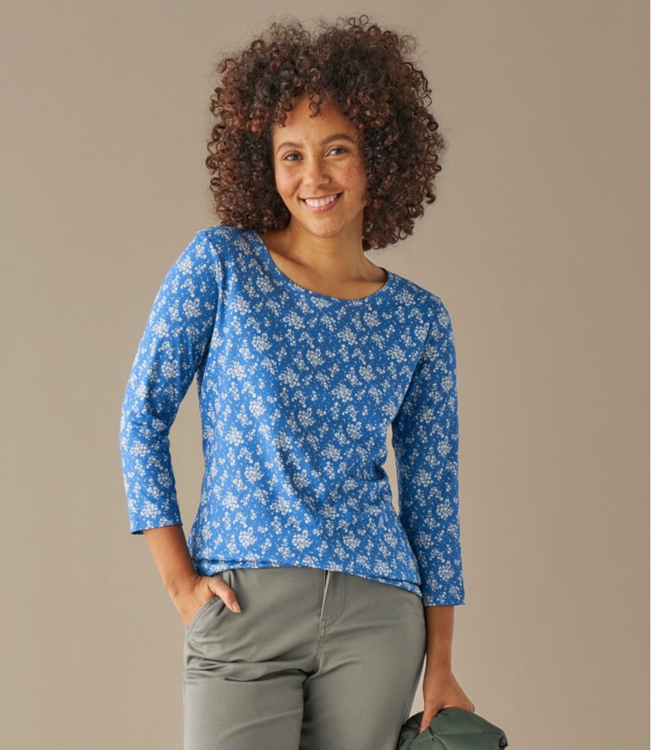 Women's Pima Cotton Shaped Jewelneck Tee, Three-Quarter-Sleeve Print