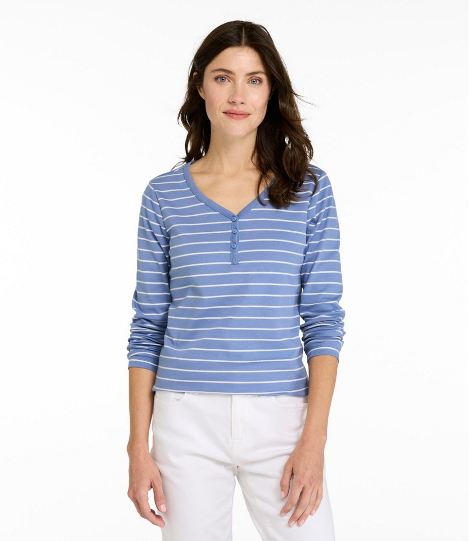 Women's V-Neck Henley, Long-Sleeve Stripe
