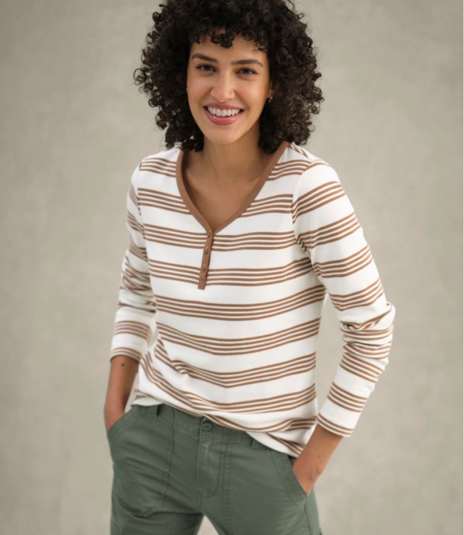 Women's V-Neck Henley, Long-Sleeve Stripe
