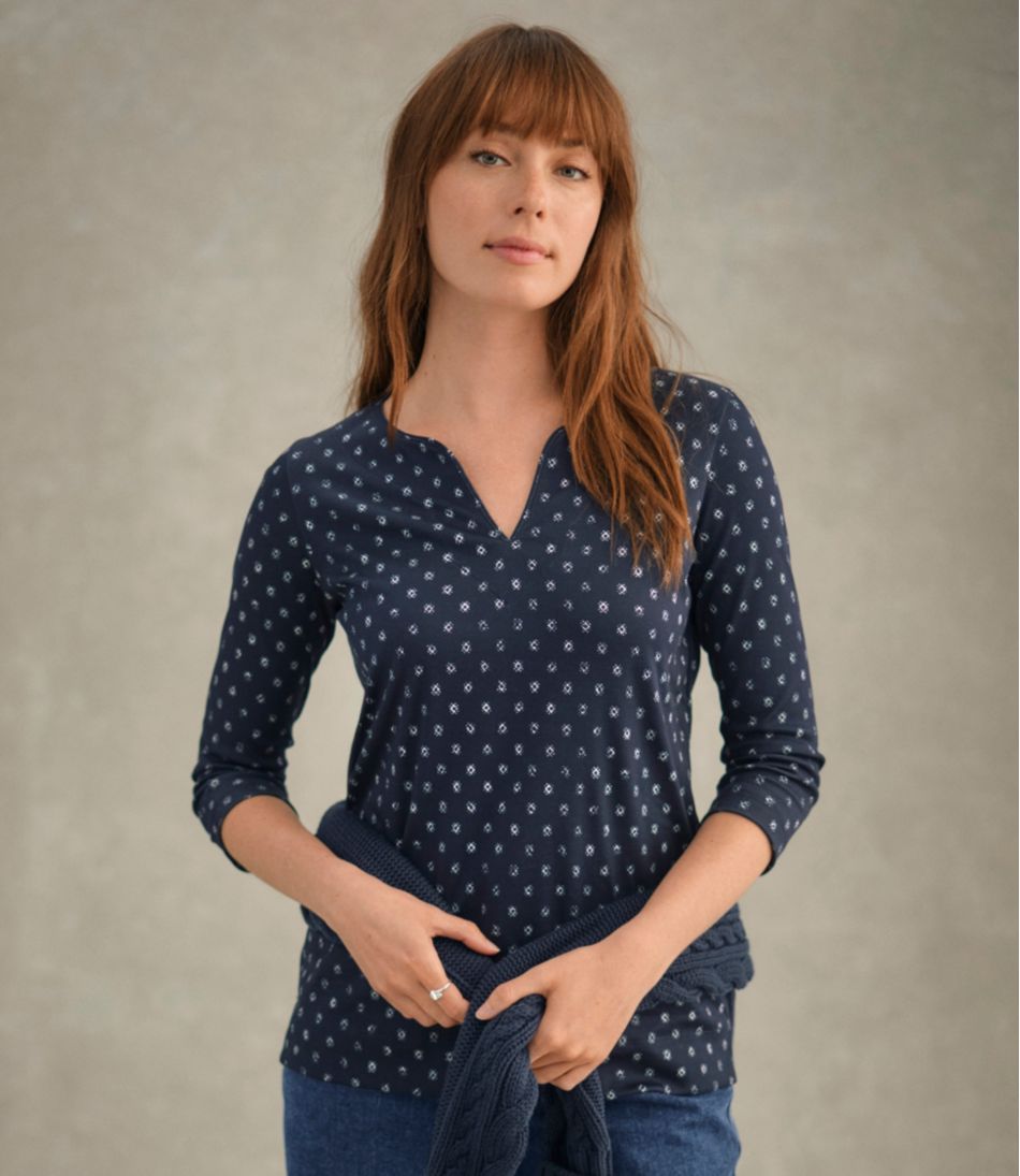 Women's Pima Cotton Tunic, Three-Quarter-Sleeve Splitneck Print