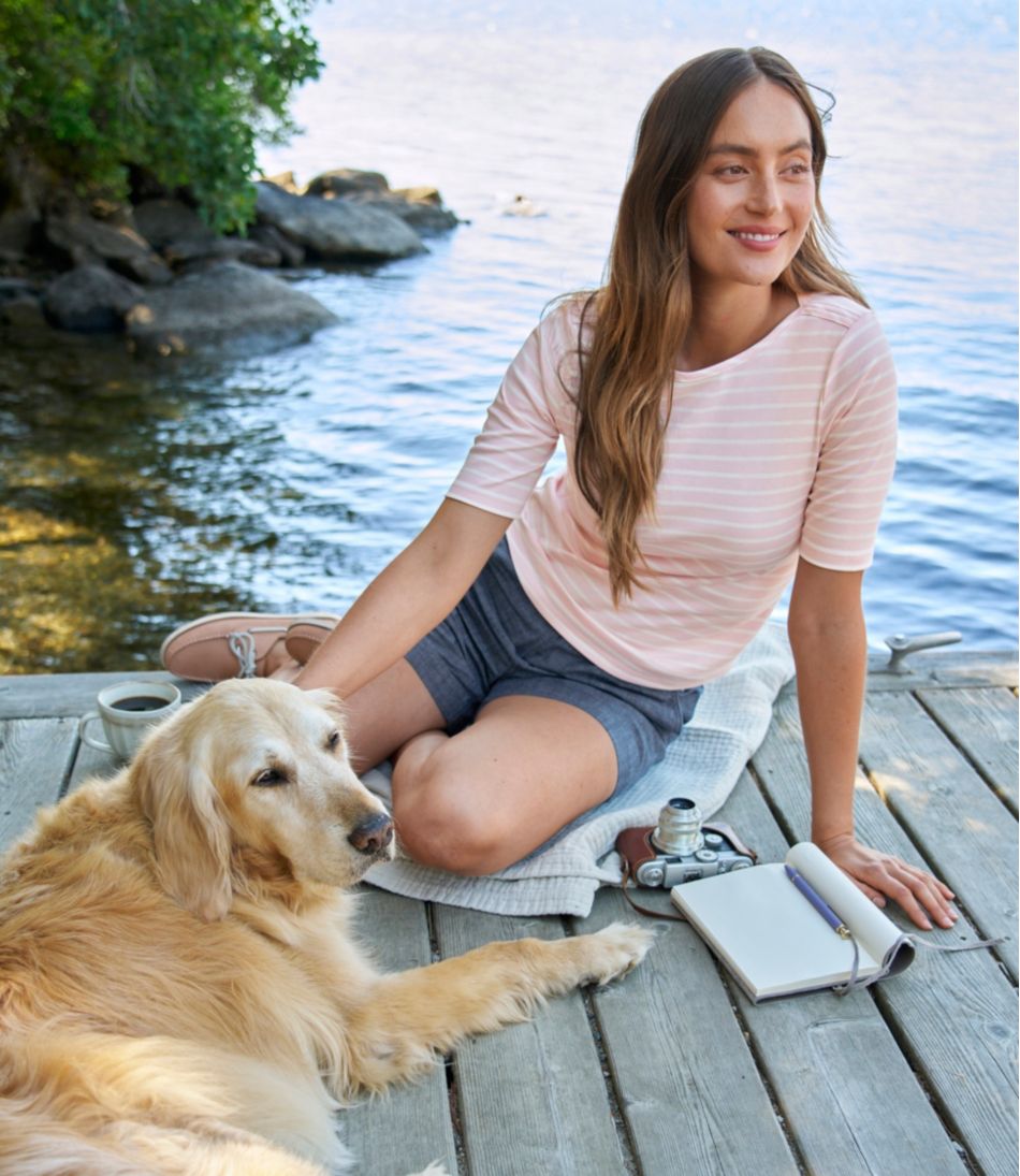 Women's Pima Cotton Tee, Elbow-Sleeve Boatneck Stripe