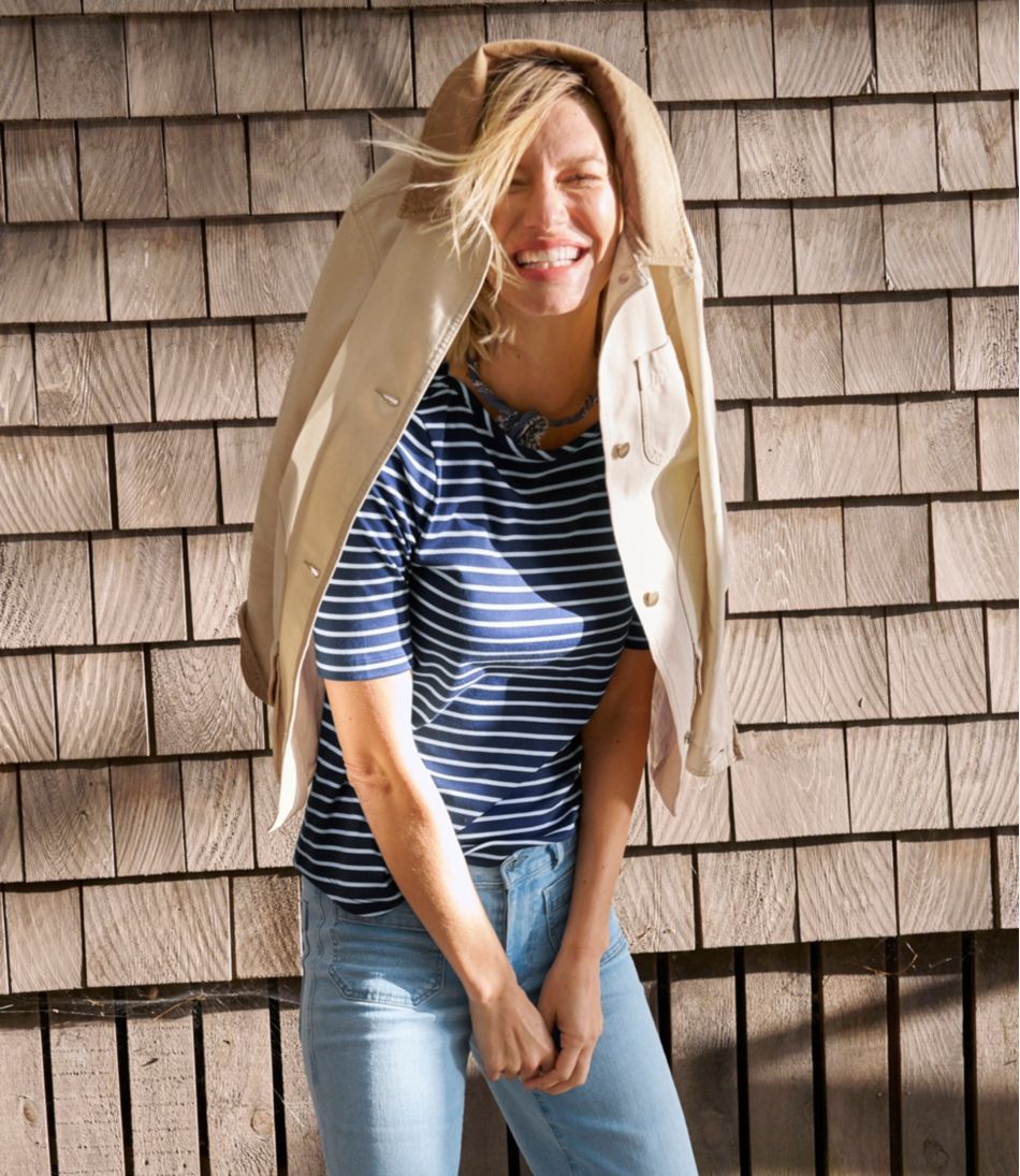 Women's Pima Cotton Tee, Elbow-Sleeve Boatneck Stripe