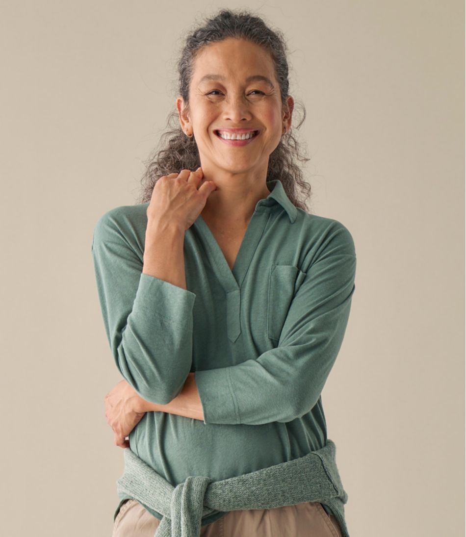 Women's Linen/Cotton Tee, Three-Quarter-Sleeve Splitneck Polo