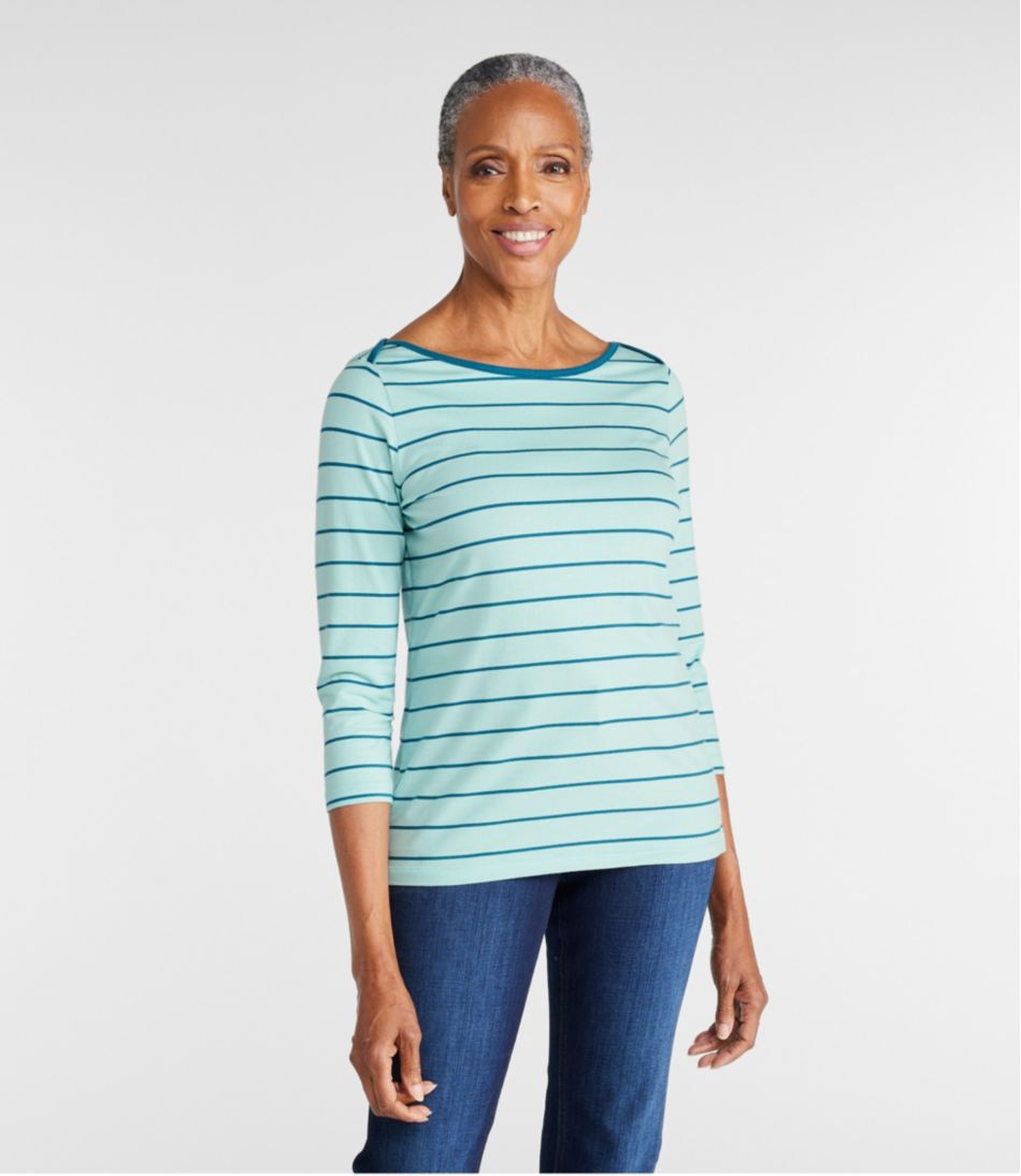 Women's Soft Stretch Supima-Blend Tee, Three-Quarter-Sleeve Boatneck Stripe