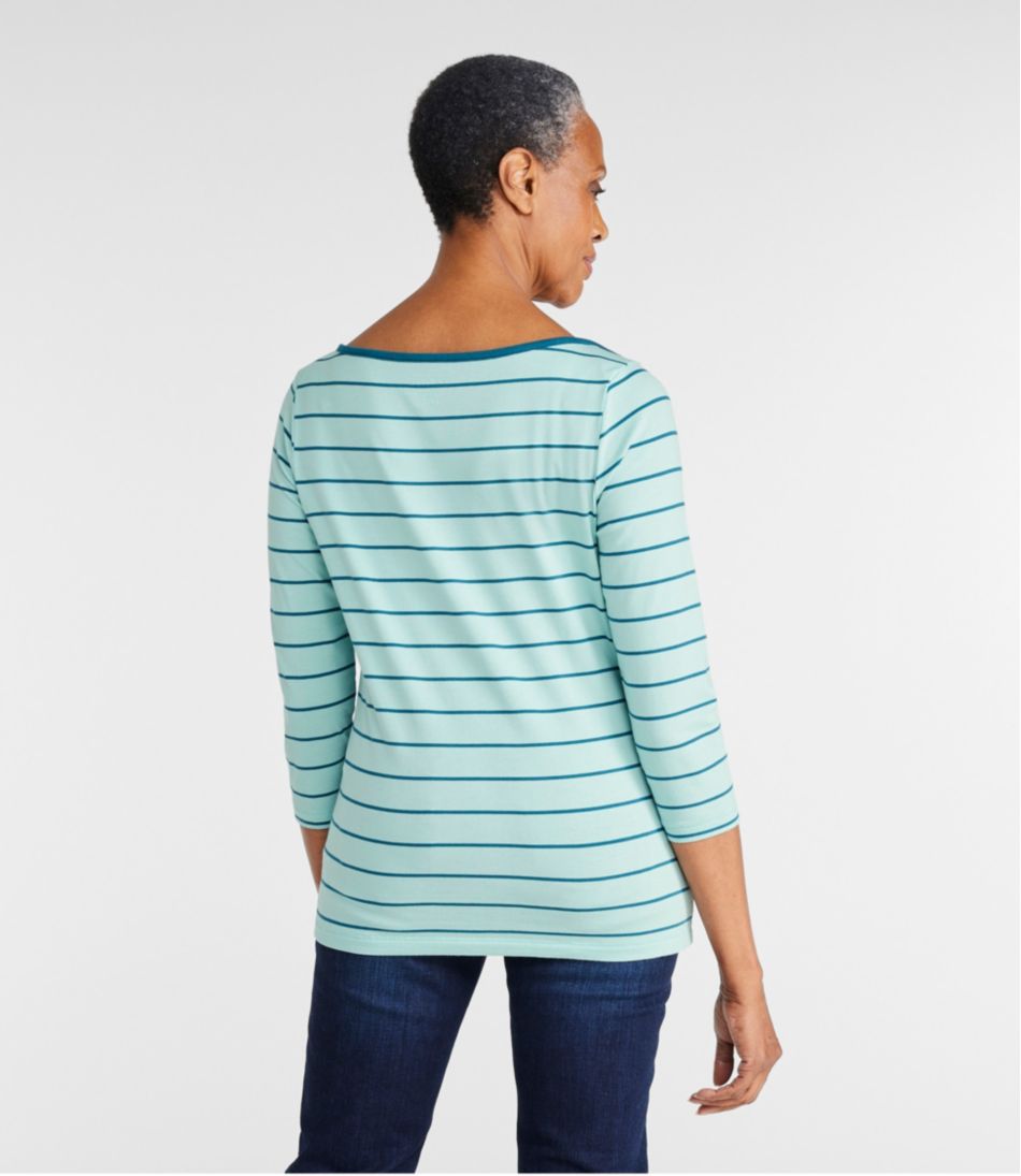 Women's Soft Stretch Supima-Blend Tee, Three-Quarter-Sleeve Boatneck Stripe