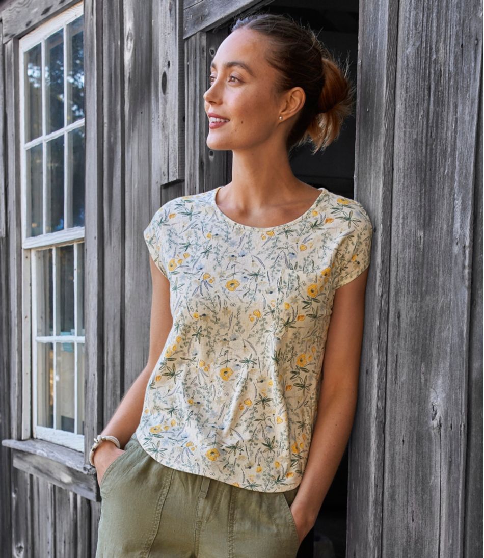 Women's Linen/Cotton Tee, Short-Sleeve Scoopneck Print