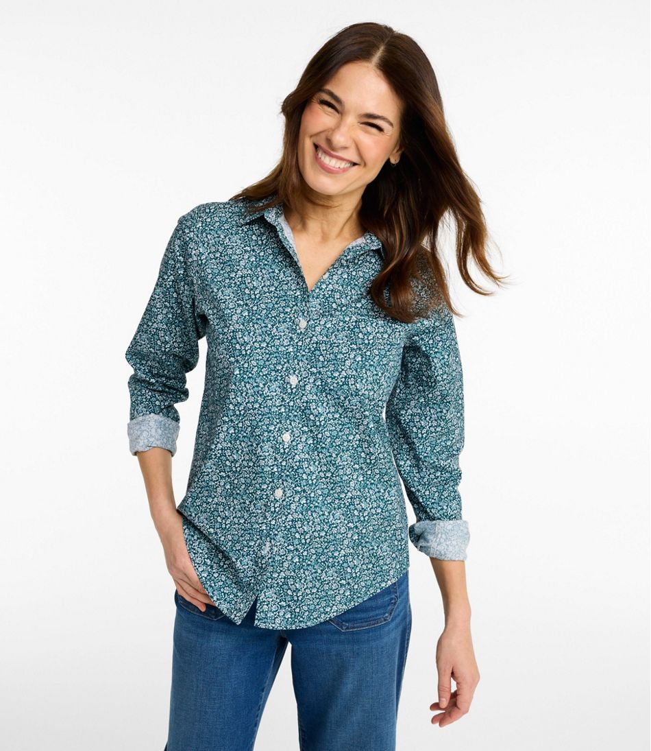 Women's Wrinkle-Free Pinpoint Oxford Shirt, Relaxed Fit Long-Sleeve Print