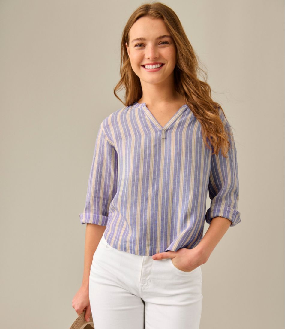 Women's Premium Washable Linen Shirt, Splitneck Stripe