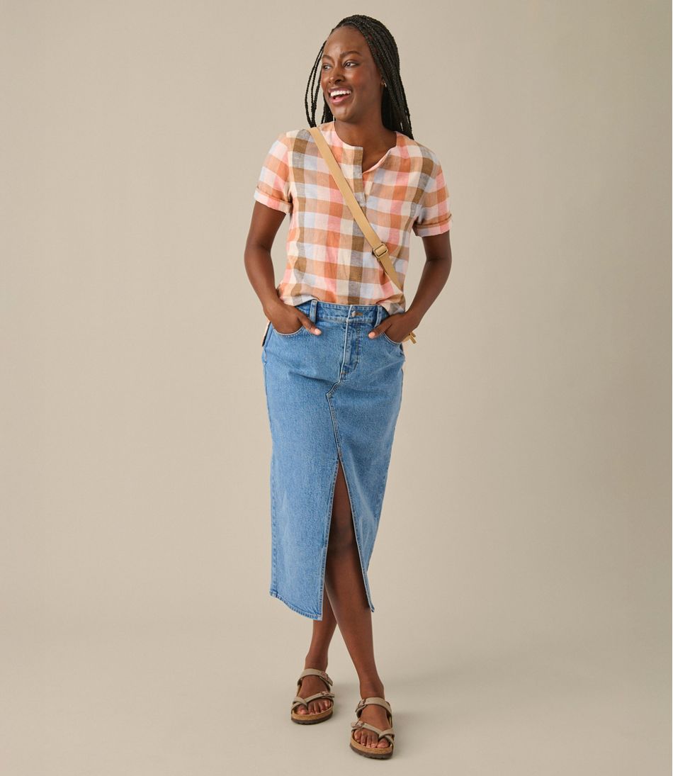 Women's Signature Linen-Blend Splitneck Shirt, Short-Sleeve