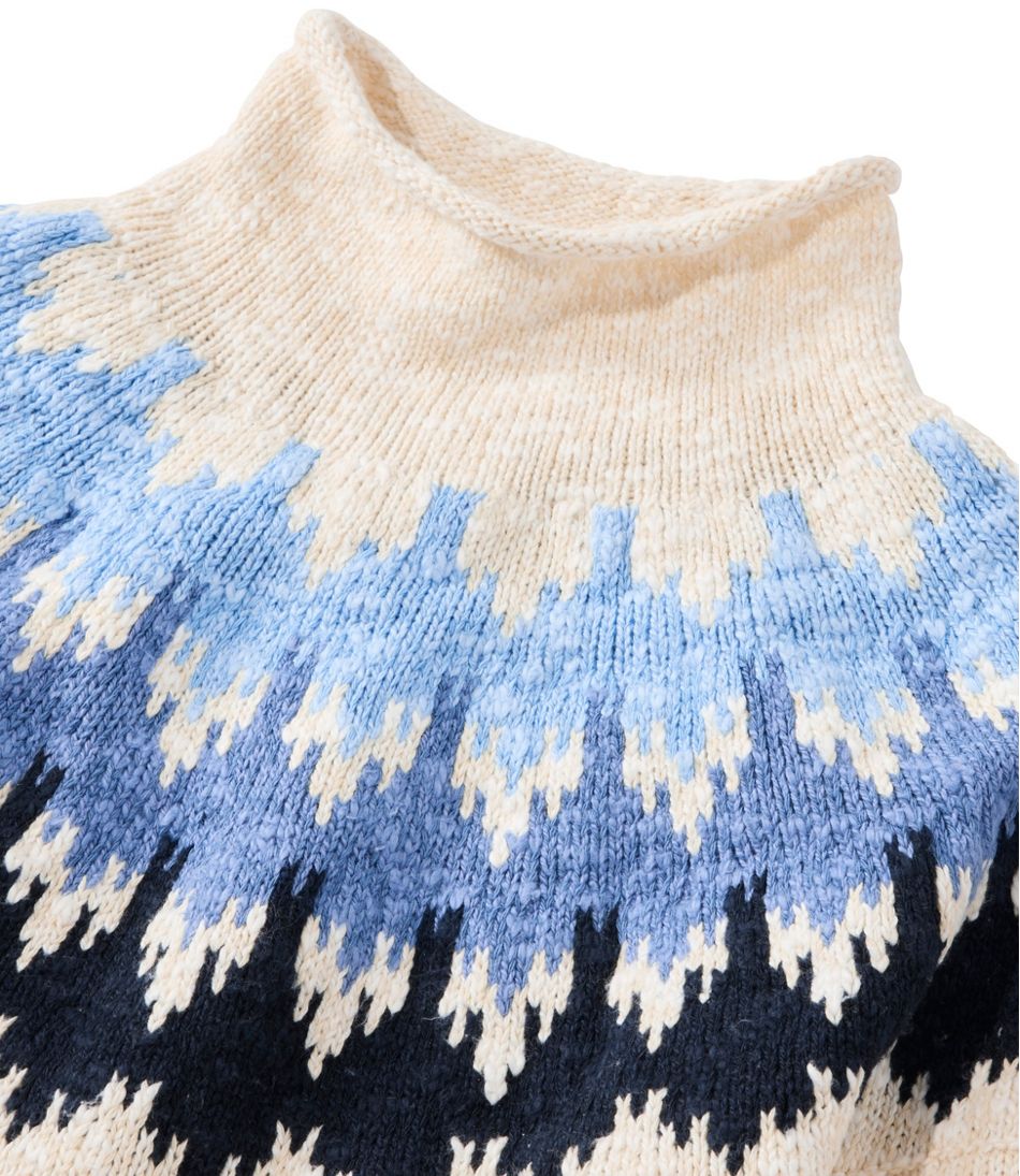 Women's Cotton Ragg Sweater, Funnelneck Pullover Fair Isle