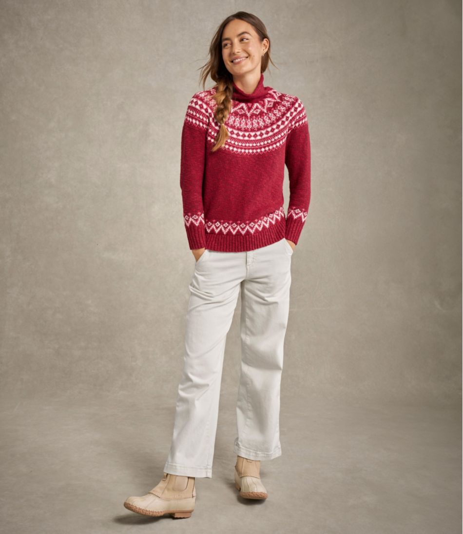 Women's Cotton Ragg Sweater, Funnelneck Pullover Fair Isle