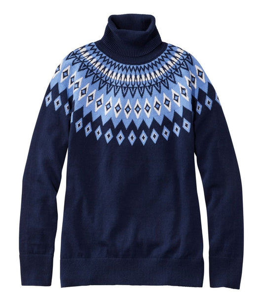 Women's Cotton/Cashmere Sweater, Turtleneck Fair Isle