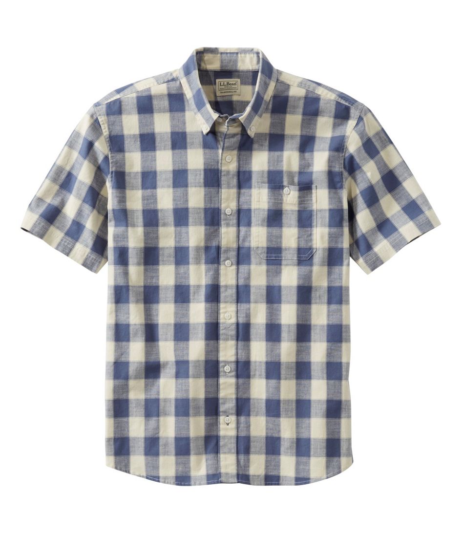 Men's Comfort Stretch® Chambray Shirt, Traditional Untucked Fit, Short-Sleeve, Plaid