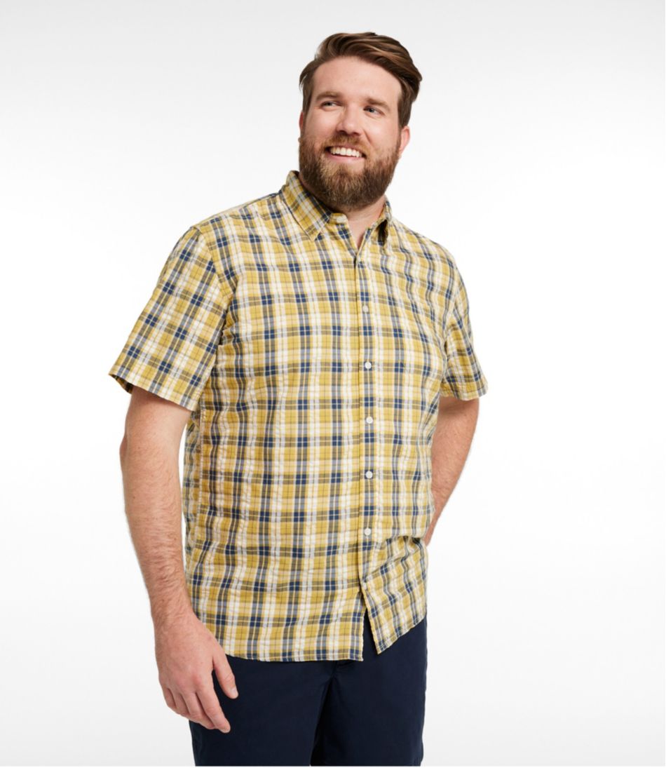 Men's Organic Cotton Seersucker Shirt, Short-Sleeve, Slightly Fitted, Plaid