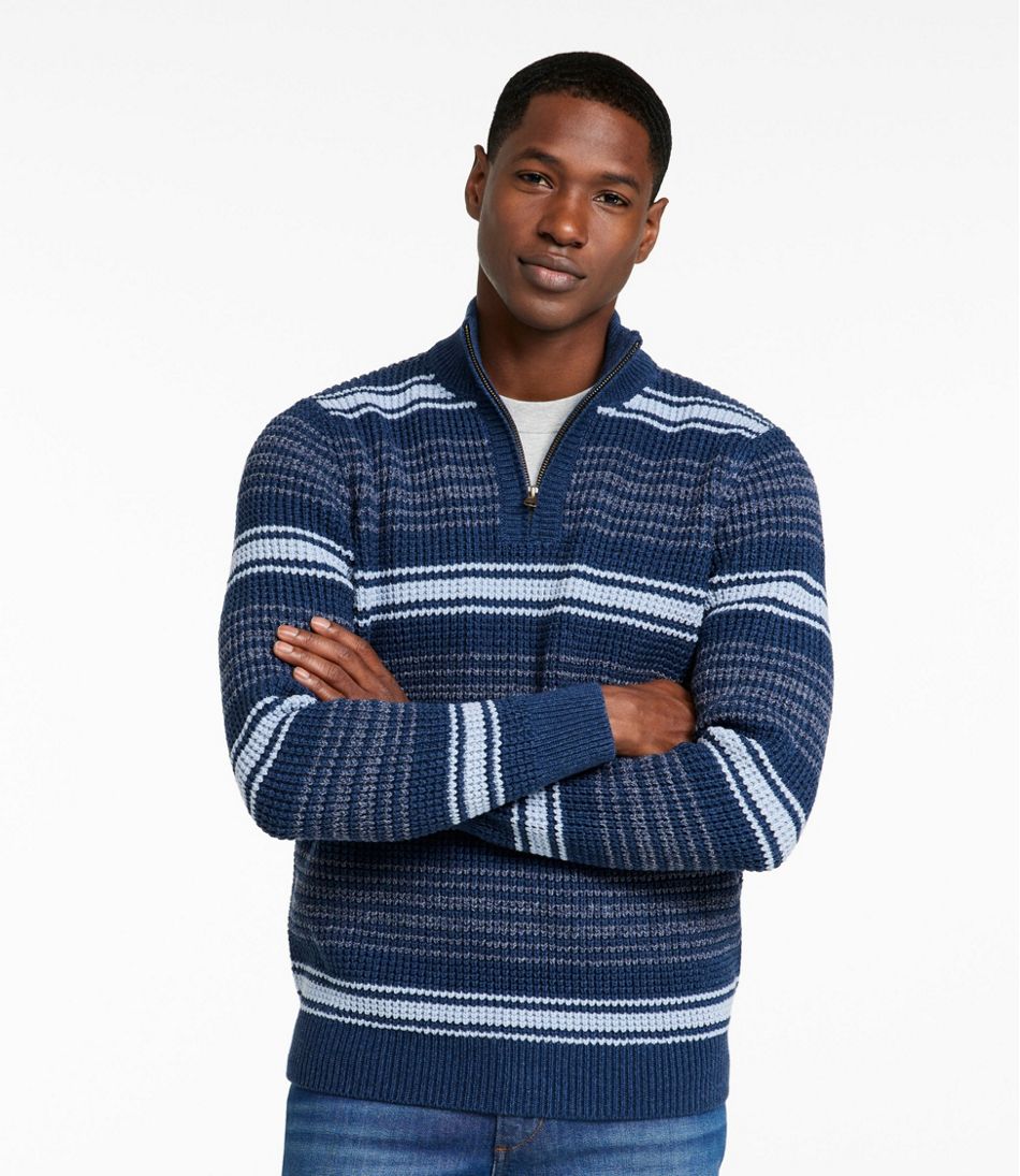 Men's Organic Cotton Waffle Sweater, Quarter Zip, Stripe