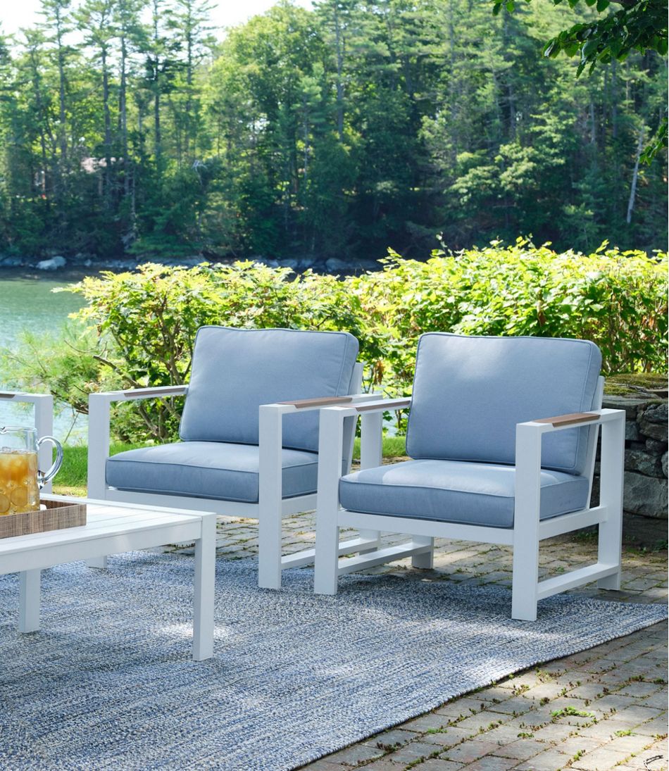 White Aluminum Deep Seating Armchair with Blue Cushions, Set of Two